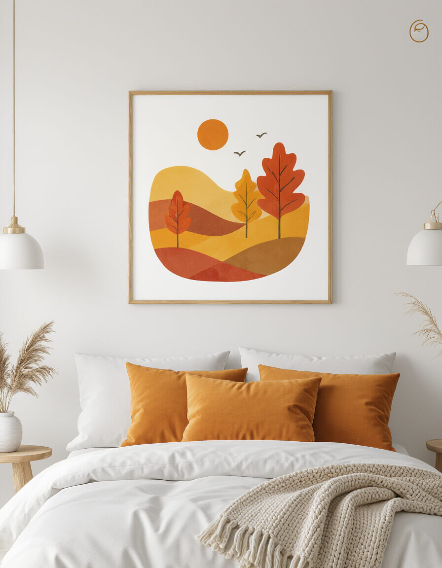 Single autumn artwork hangs above minimalist bed with white walls and amber throw pillow creating cozy fall bedroom atmosphere.