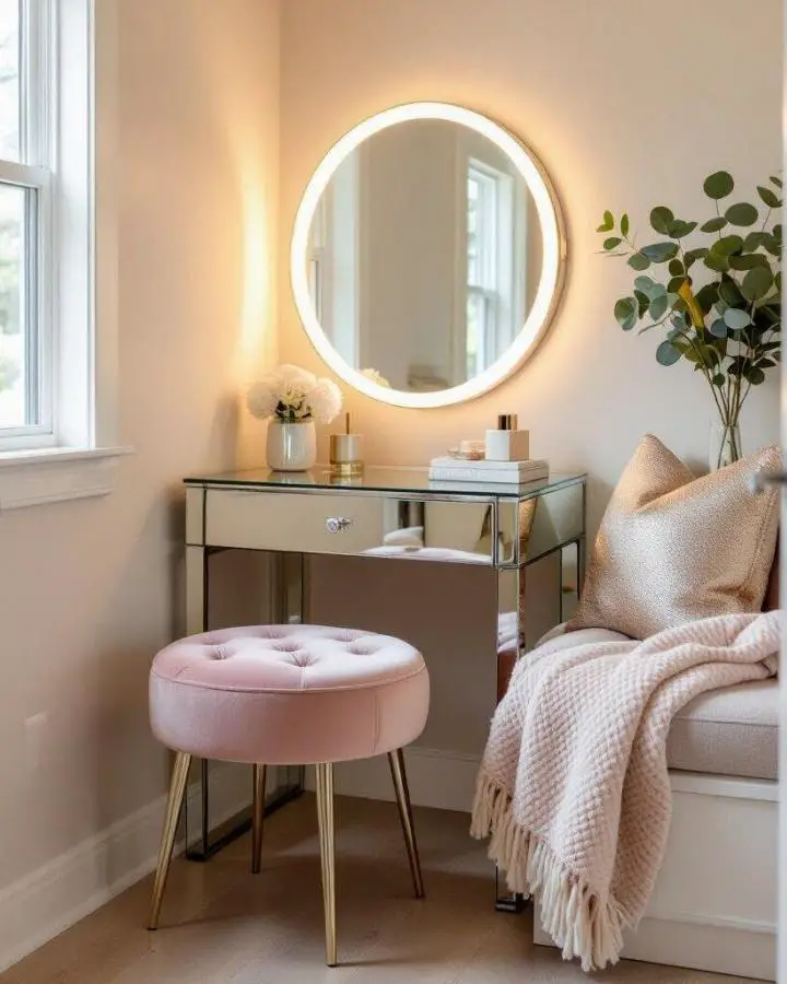 Mirrored vanity table with round LED mirror and pink velvet stool. Glamorous setup maximizes light reflection.