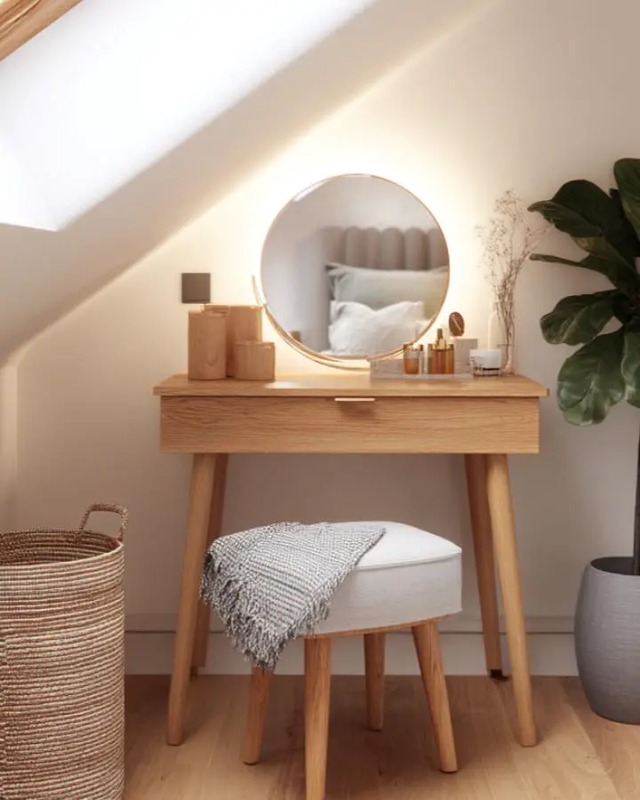 Natural wood vanity table with round mirror positioned under slanted ceiling. Includes matching stool and storage basket.