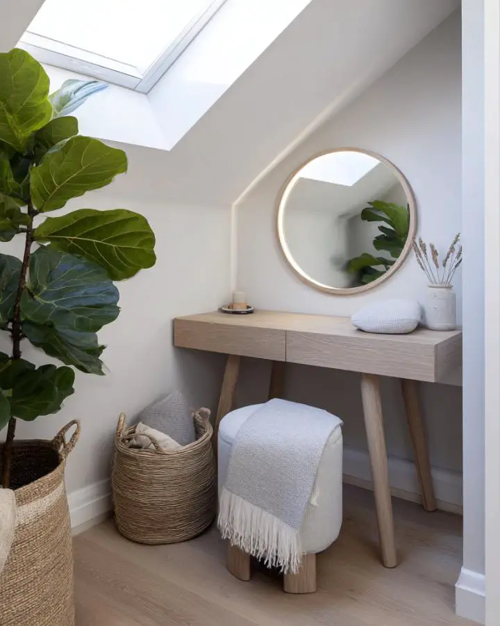 Modern vanity setup positioned under bright skylight with natural lighting and storage baskets.
