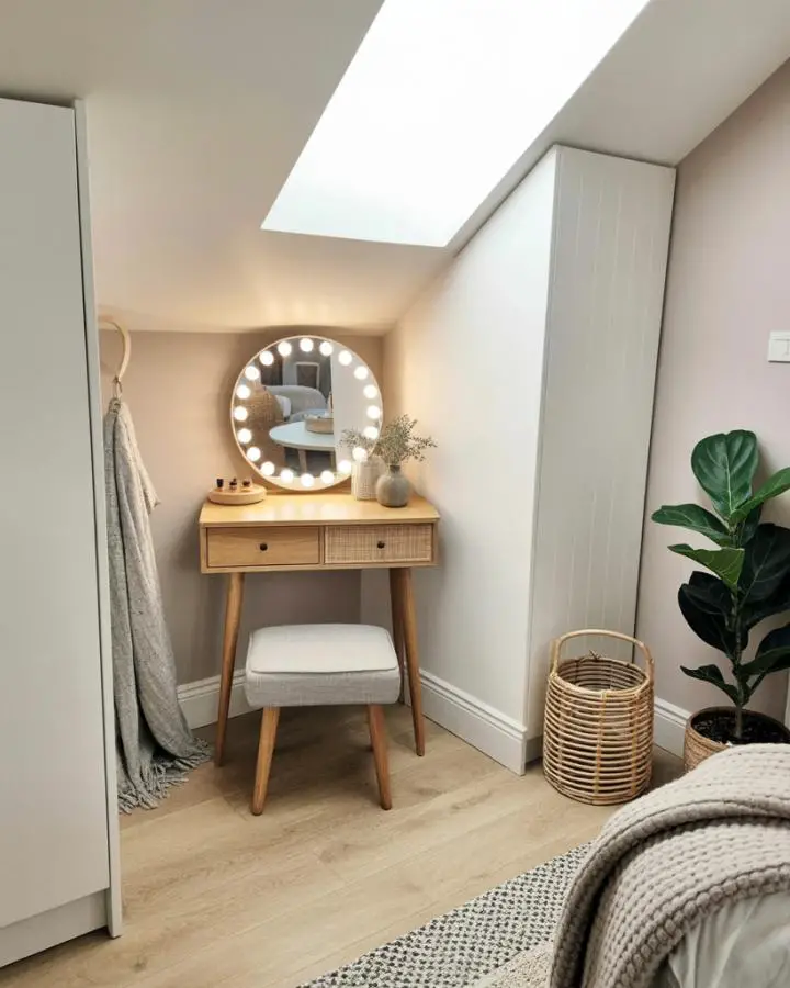 Modern attic vanity corner featuring natural wood furniture and skylight. Compact setup with illuminated mirror and neutral tones.
