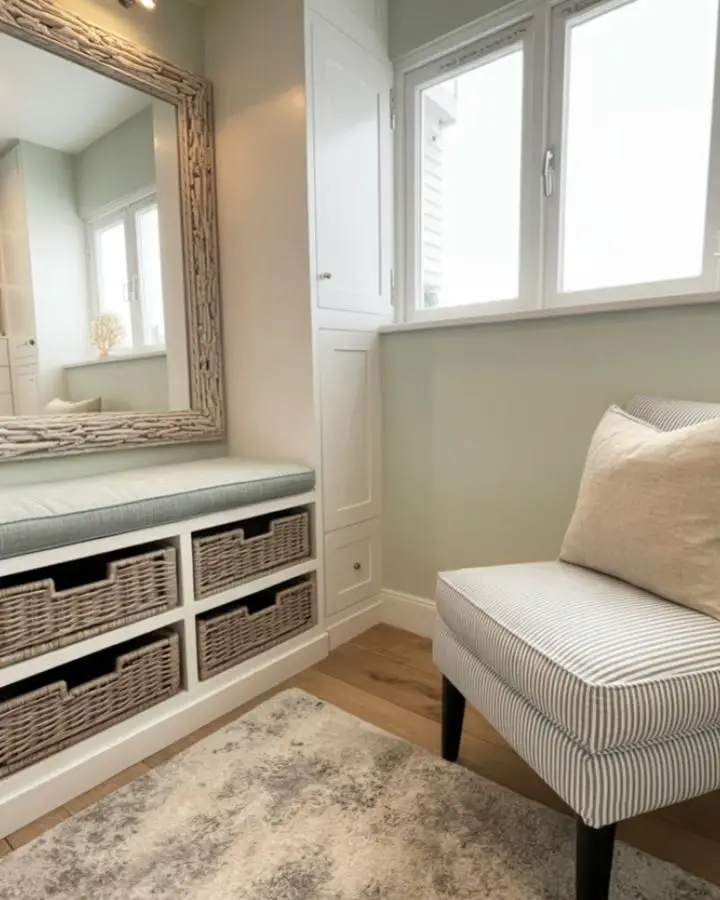 White built-in vanity with wicker storage baskets and striped chair. Natural textures meet organized functionality.
