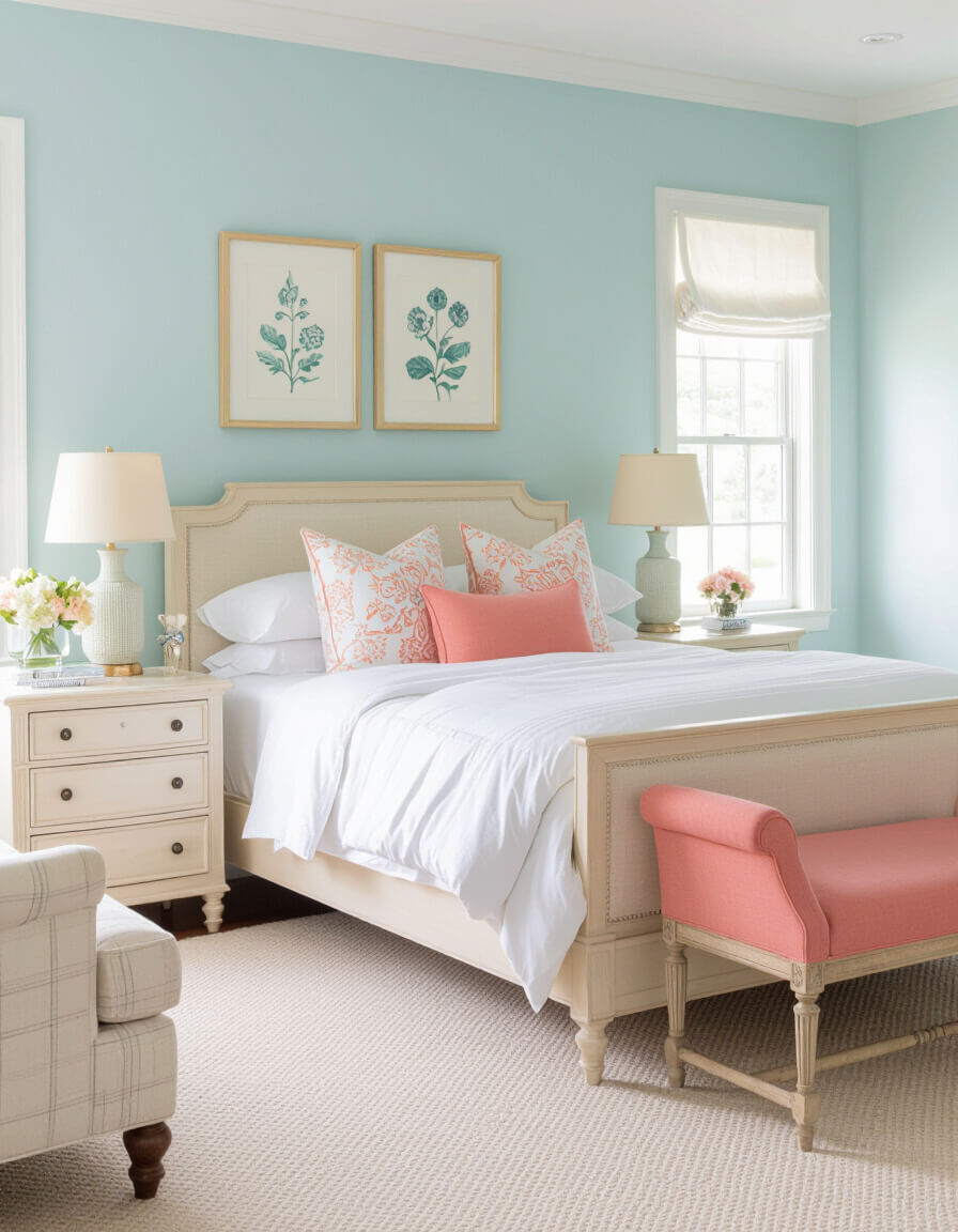 Serene bedroom featuring soft color palette with powder blue walls, creamy white furniture and coral accents for romantic atmosphere