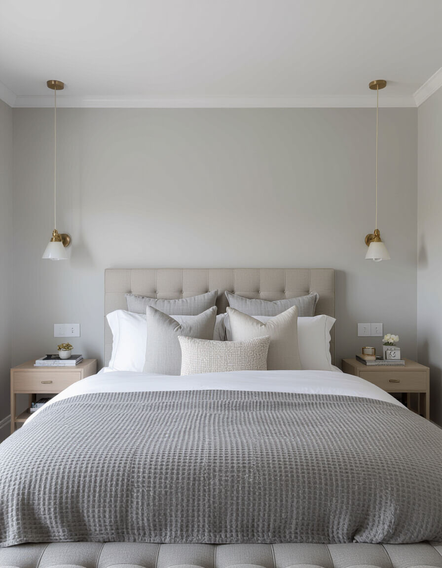 Soft grey layered retreat bedroom featuring light grey walls and white accent pillows in monochrome design style