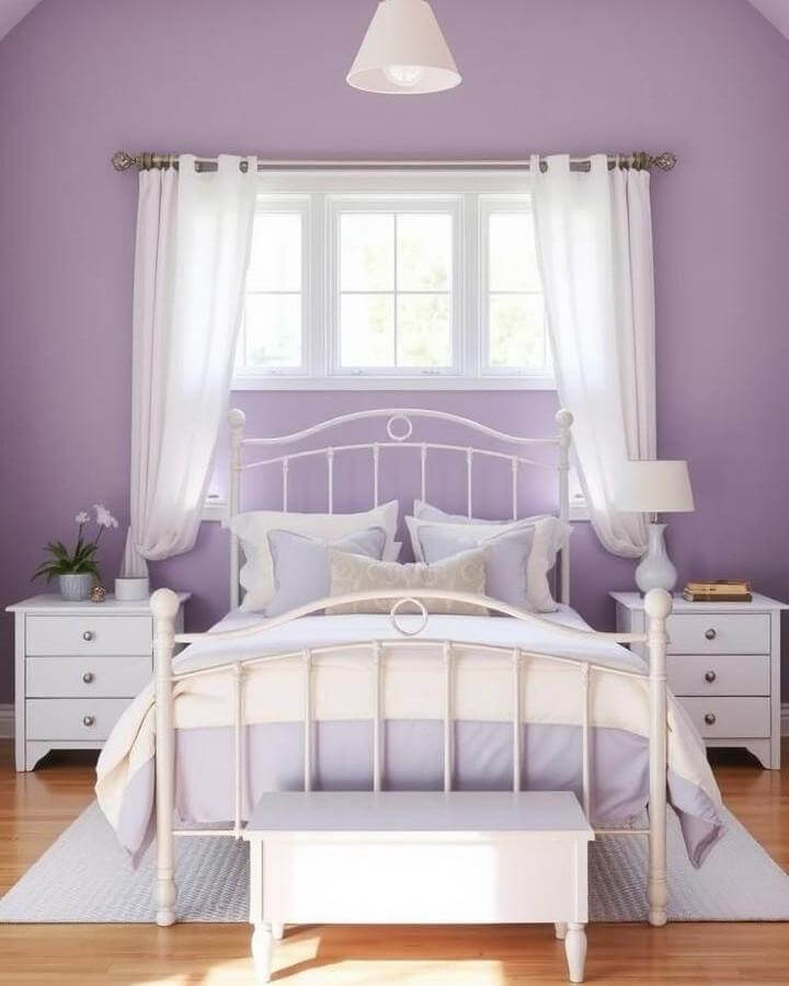 White iron bed frame and lavender walls in bedroom from @pink_life_interiors with soft curtains and cozy bedding.