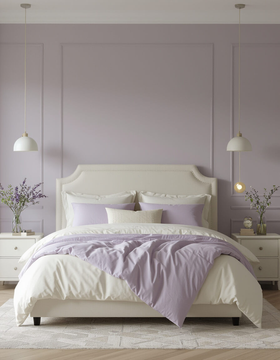 Soft lavender accent wall behind white upholstered bed with pale purple cream bedding in dreamy pastel bedroom interior design
