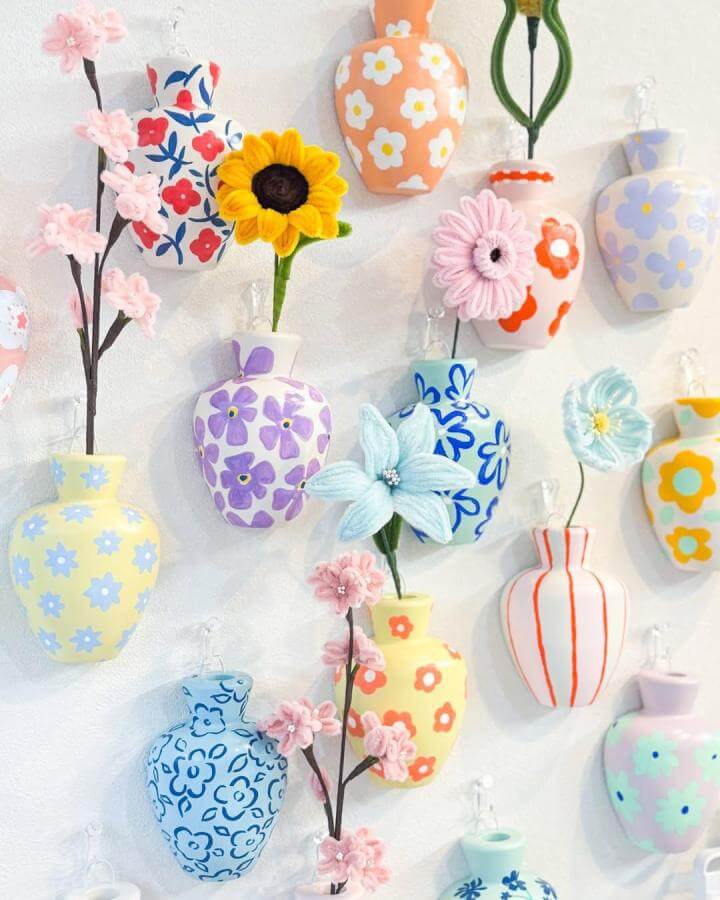 Colorful hand-painted ceramic vases from @pontre.studio featuring floral patterns and spring crafts for adults inspiration on a white wall.
