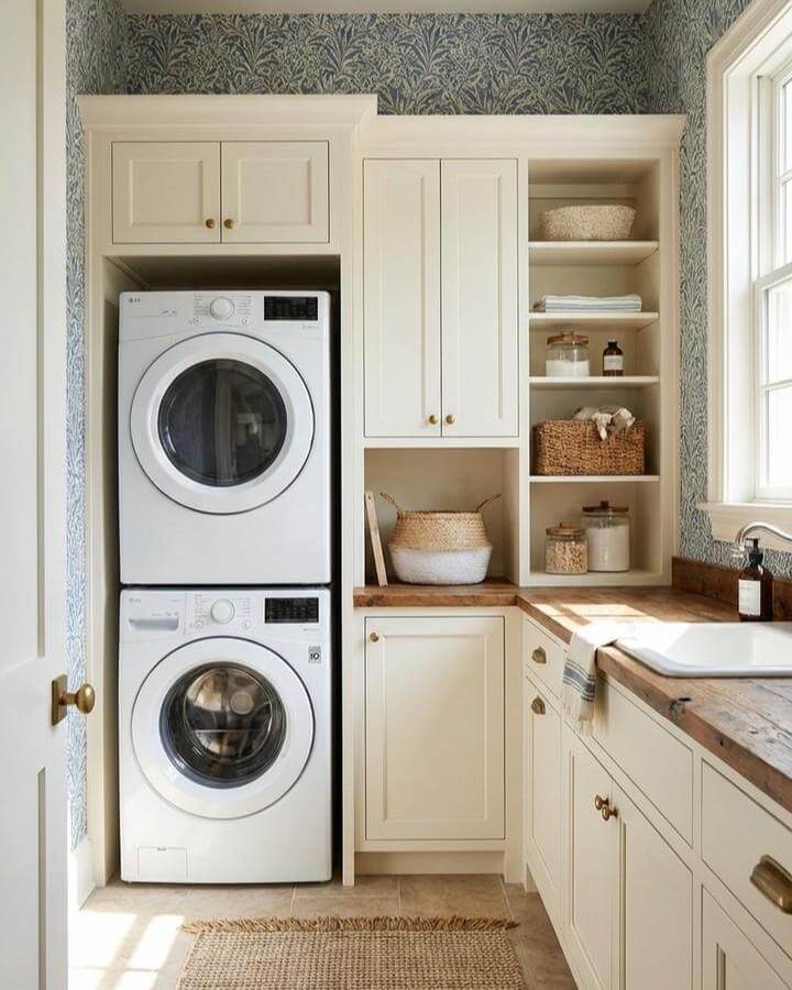 Cream cabinetry and wooden countertops in a bright stacked washer dryer laundry room from @peccolehouse with cozy open shelves and brass hardware.