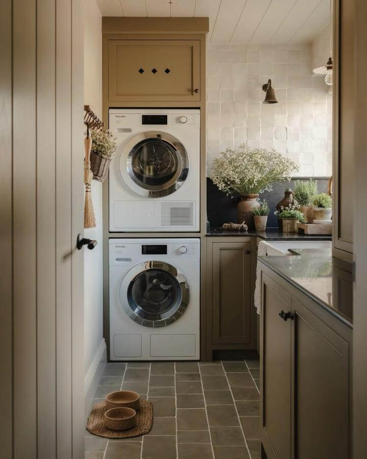 Olive green cabinetry laundry niche from @joeykendalbrown with stacked washer and dryer surrounded by plants and textured tiles.
