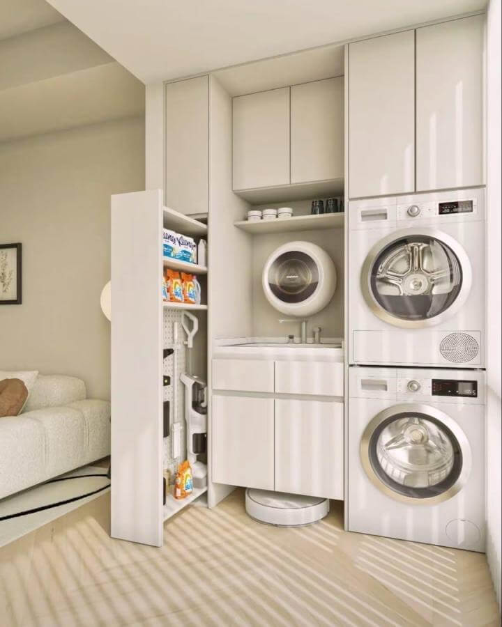 Bright minimalist laundry nook by @tiffany_design_studio featuring stacked appliances and hidden storage in a cozy home corner.