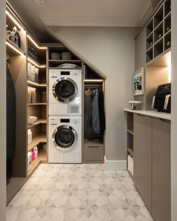 Neutral toned laundry room with stacked appliances from @tilemerchant. Under-cabinet lighting and patterned floor add charm and function.