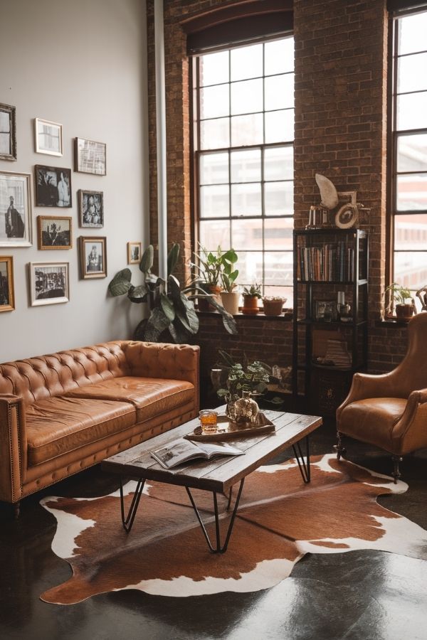 Tan leather couch living room with sunlit windows, cozy decor, plants.