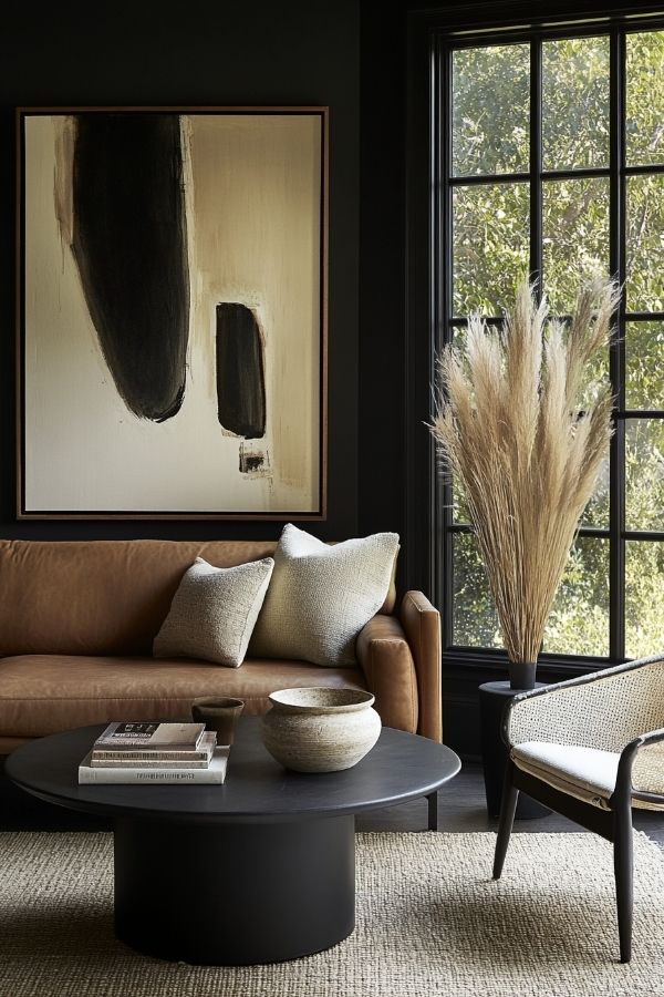 tan leather couch living room warm, inviting space with wooden accents