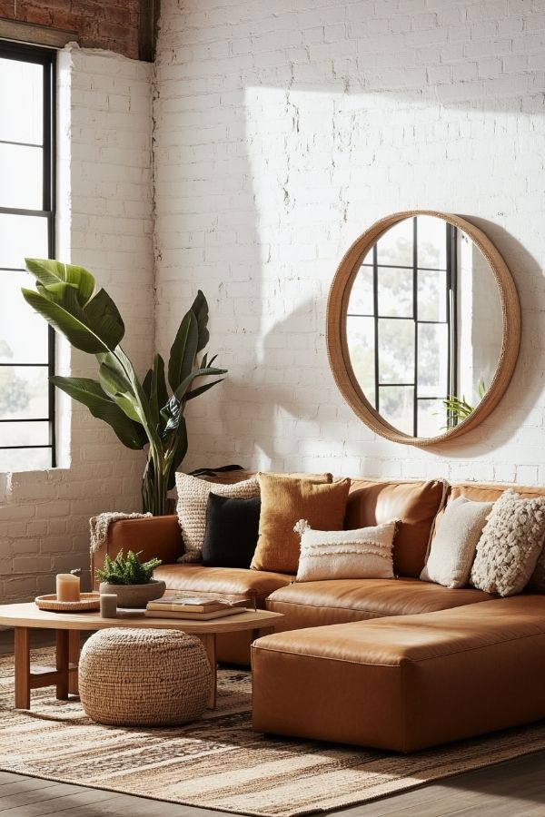 Tan leather couch living room with rustic decor and natural lighting.