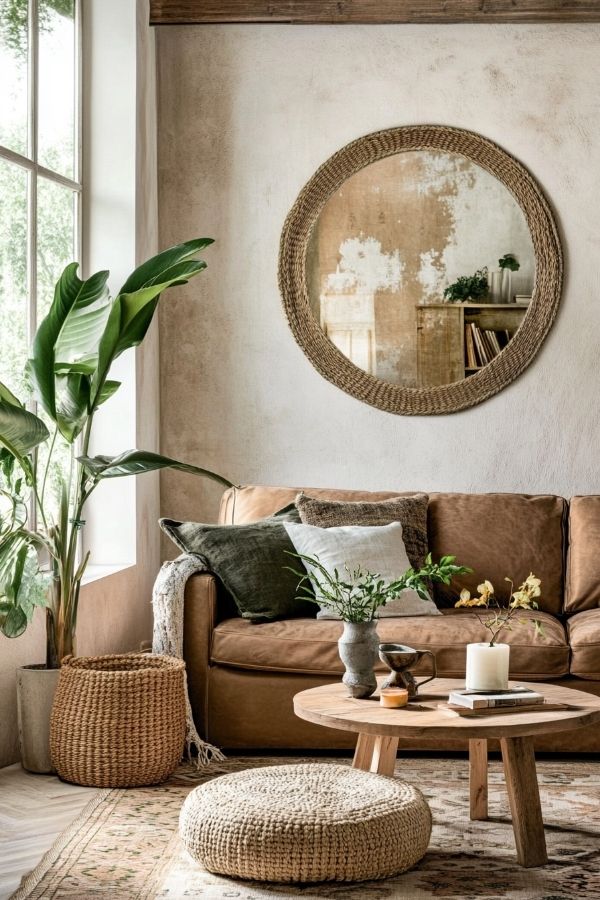 Tan leather couch living room with cozy, rustic decor and natural lighting.