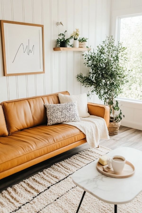 Tan leather couch living room with cozy ambiance and modern decor.