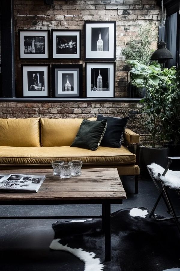 Tan leather couch living room with cozy, modern decor and plants.