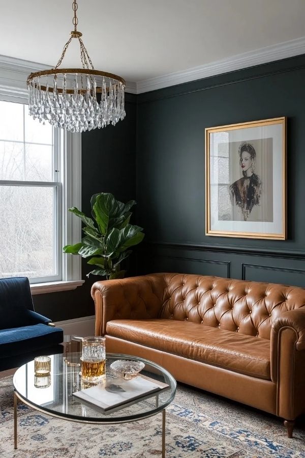 Cozy tan leather couch anchors a modern, sunlit living room.