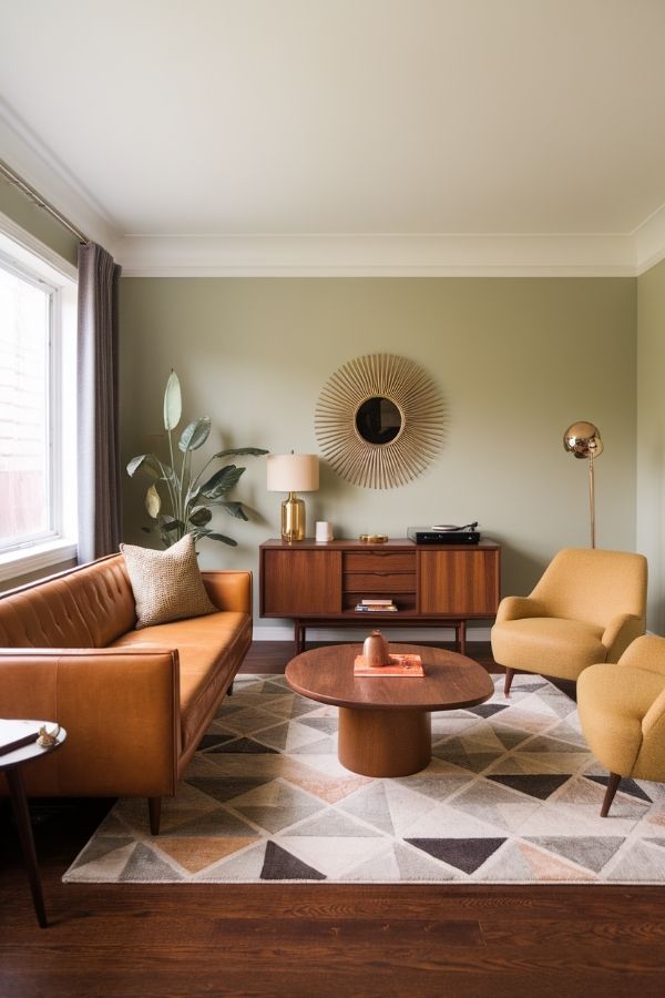 Tan leather couch living room with cozy decor and soft lighting.