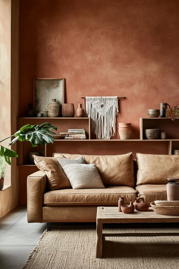 Tan leather couch living room with cozy modern decor and plants.