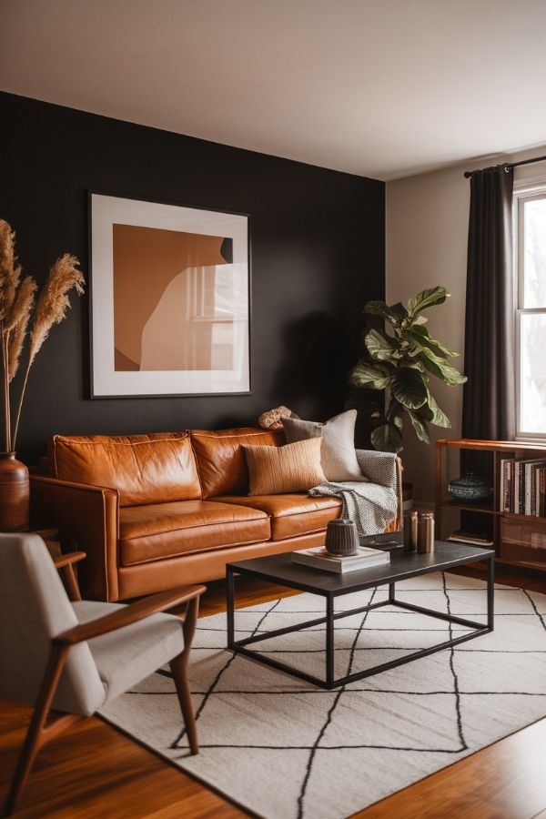 Tan leather couch living room with modern decor and natural lighting.