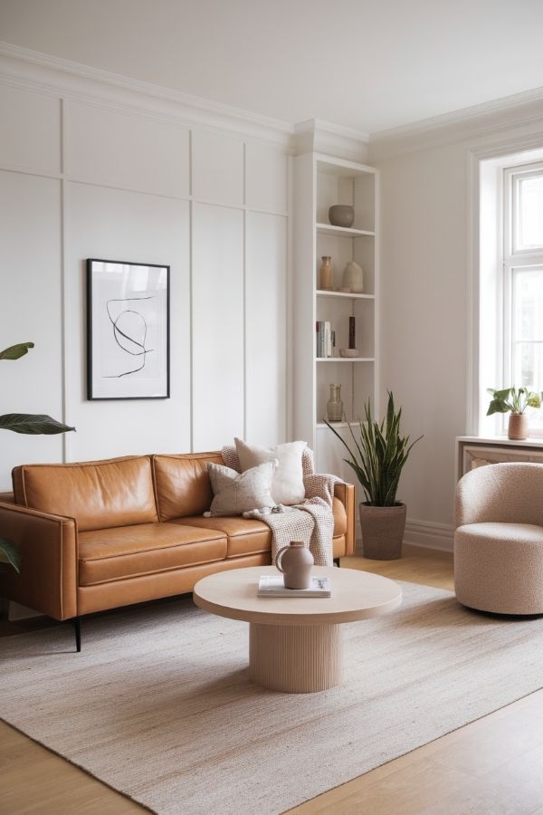 Tan leather couch living room with cozy throw pillows and rug.