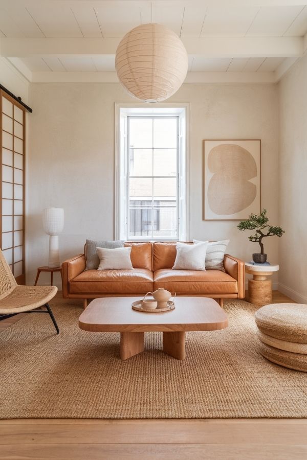 Tan leather couch living room with modern decor and natural lighting.