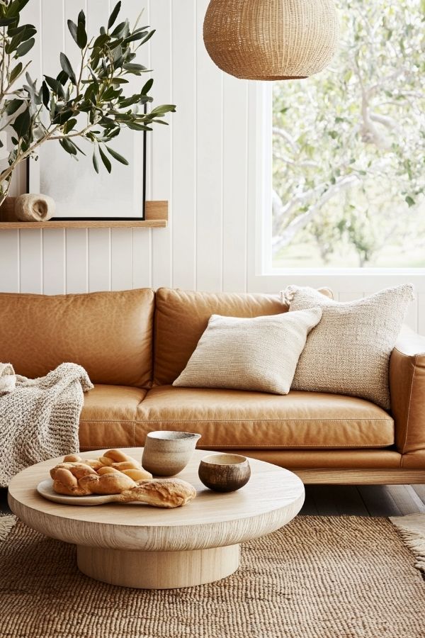 Tan leather couch living room, cozy space with rustic decor accents.