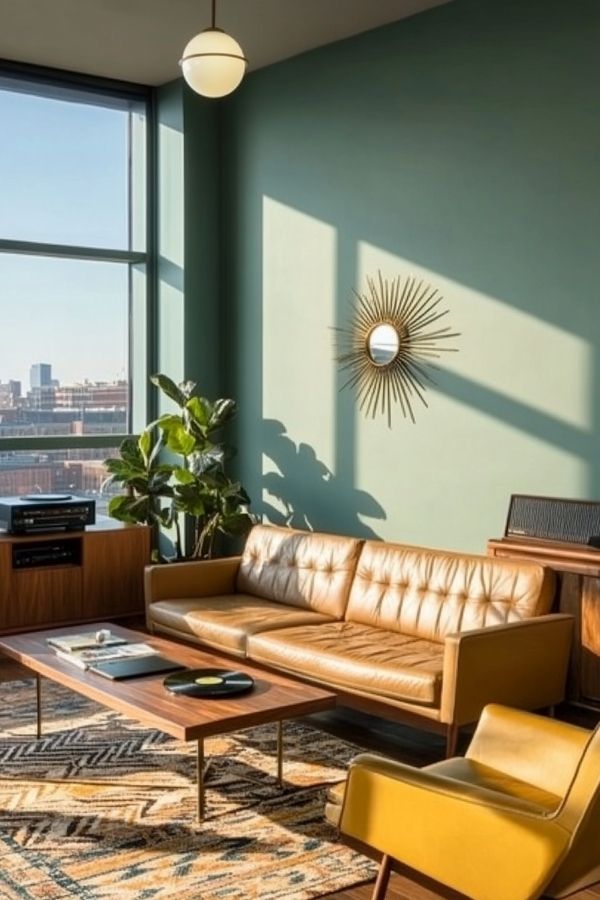 Tan leather couch living room with cozy rug and plants.