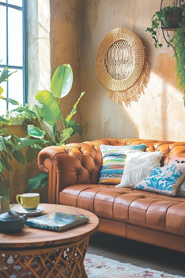 A cozy, stylish space with a sleek tan leather couch.