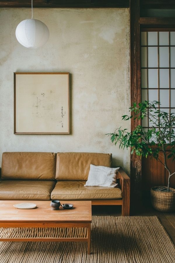 Tan leather couch living room with modern decor and cozy ambiance.