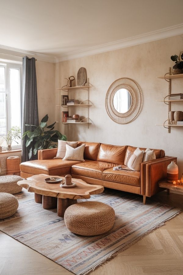 Tan leather couch living room with cozy gray throw pillows.