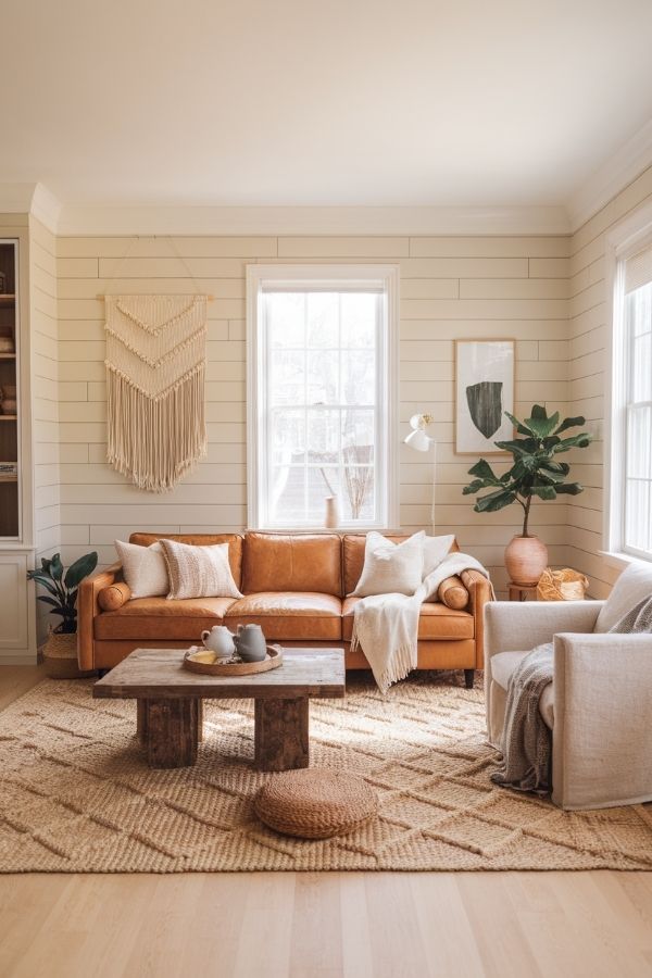 Tan leather couch living room with cozy decor and sunlight streaming in.