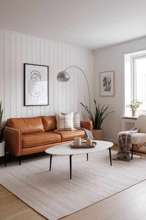 Tan leather couch in a cozy living room setting, inviting ambiance.