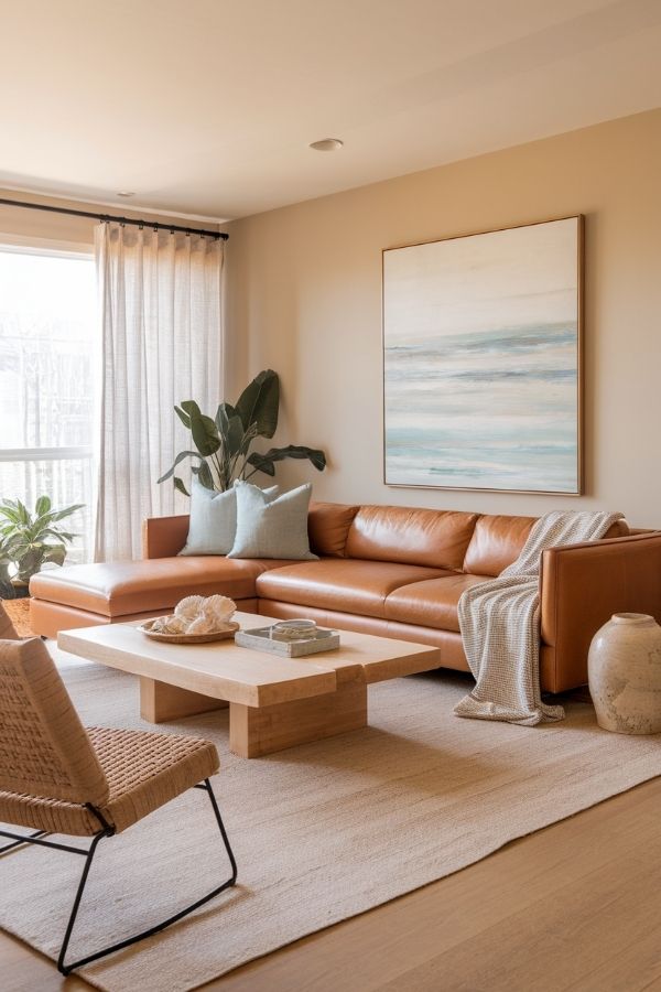 Tan leather couch living room cozy, modern decor with plants.