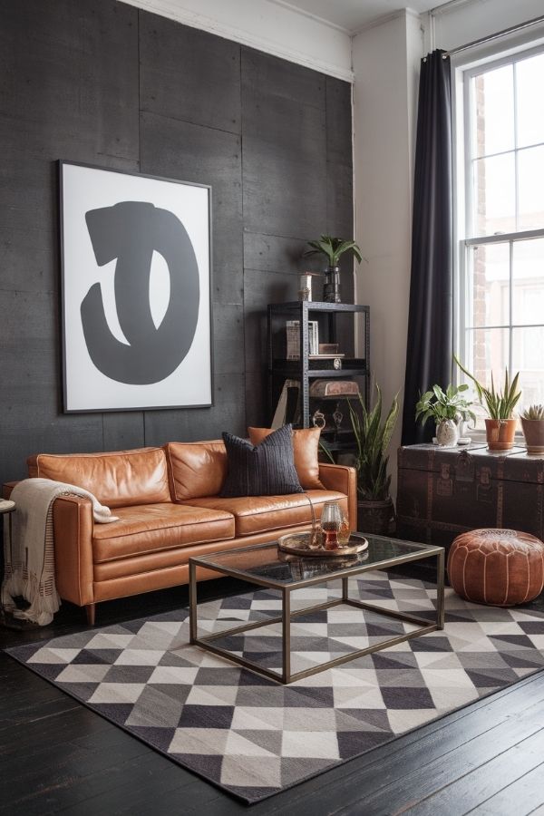 Tan leather couch living room with cozy decor and natural light.