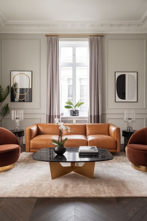 Tan leather couch living room with modern decor and large windows.