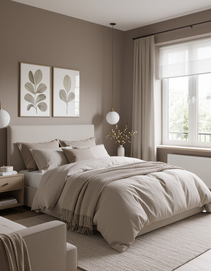 Taupe neutral sophisticated bedroom featuring mushroom gray walls and beige linen bedding showcasing elegant monochrome design ideas