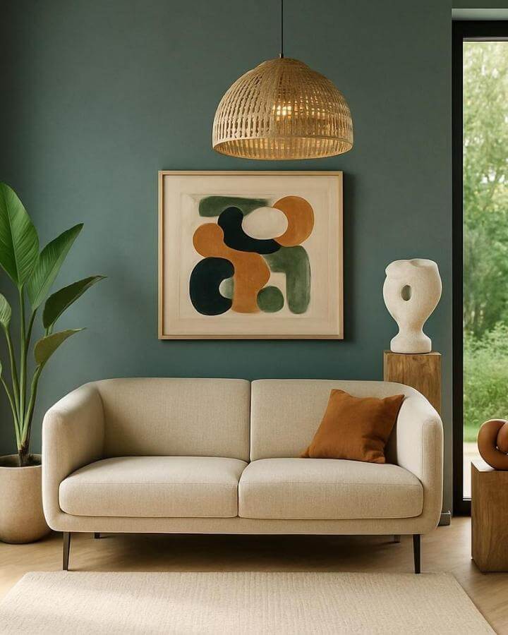 Teal painted living room walls with beige sofa and earthy accents from @kalp_world showcasing cozy, modern style with natural elements.