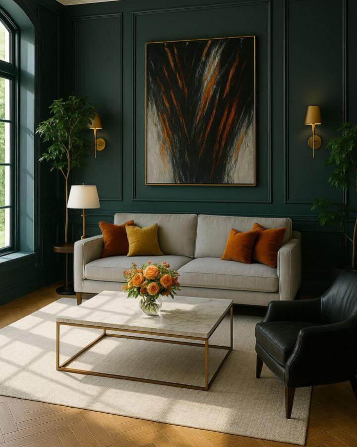 Deep teal paneled walls with rust and mustard cushions in a cozy elegant living room from @mansionimagination.