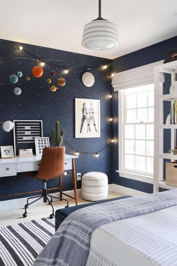 A space-themed bedroom featuring cosmic decor and starry patterns.