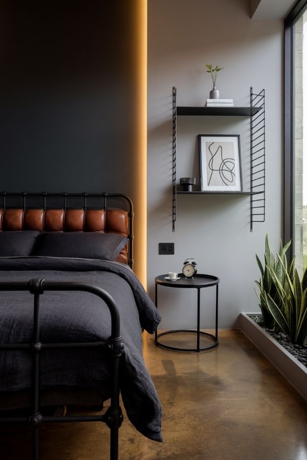 Modern industrial bedroom with warm tones, exposed brick, and sleek furniture.