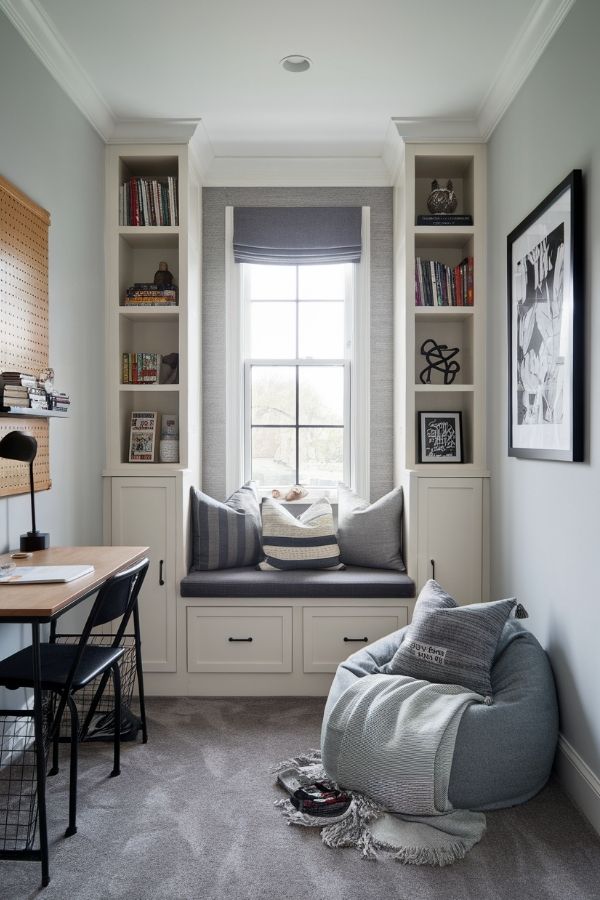 Cozy study nook featuring window seating, books, cushions, and sunlight.