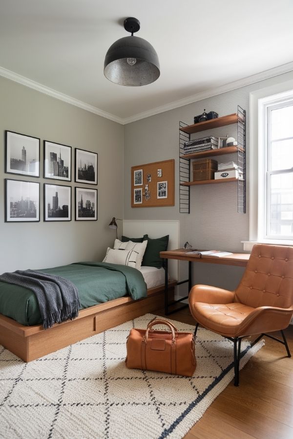 Elegant bedroom featuring chic green decor and luxurious furnishings.