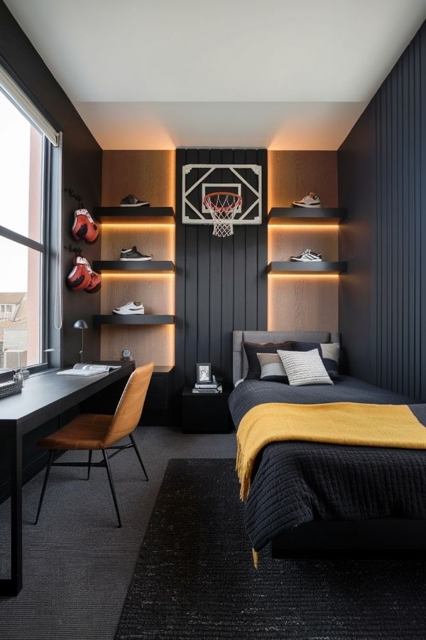 Vibrant sports-themed bedroom showcasing bold colors, decor, and memorabilia.