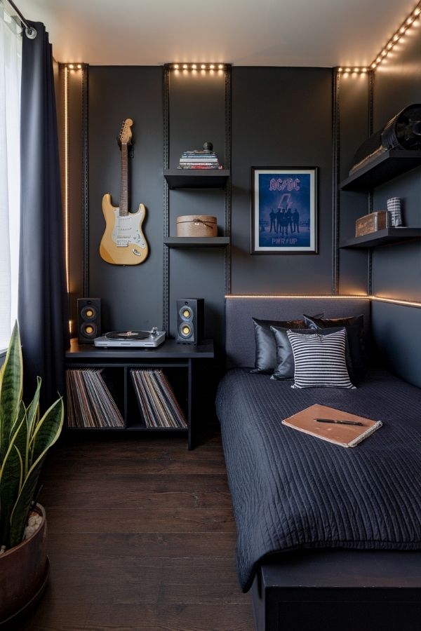 Cozy bedroom with rock memorabilia, guitar decor, and music-themed accents.