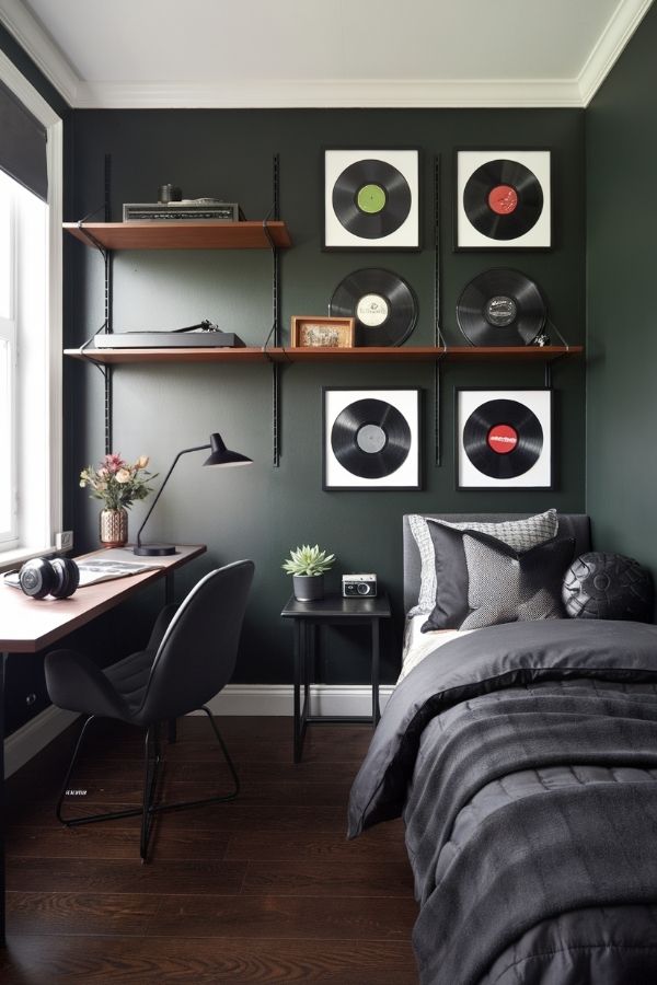 Vinyl-themed bedroom featuring retro decor, record collection, and turntable.