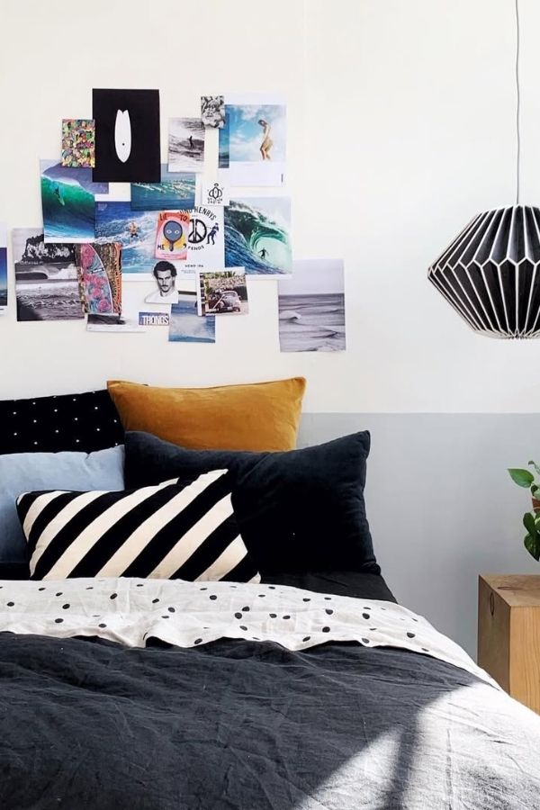 Surf-inspired bedroom with ocean colors, beach decor, and relaxed vibe.