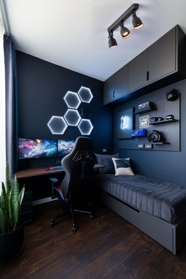 Futuristic gaming room, neon lights, sleek hardware, immersive experience, high-tech.