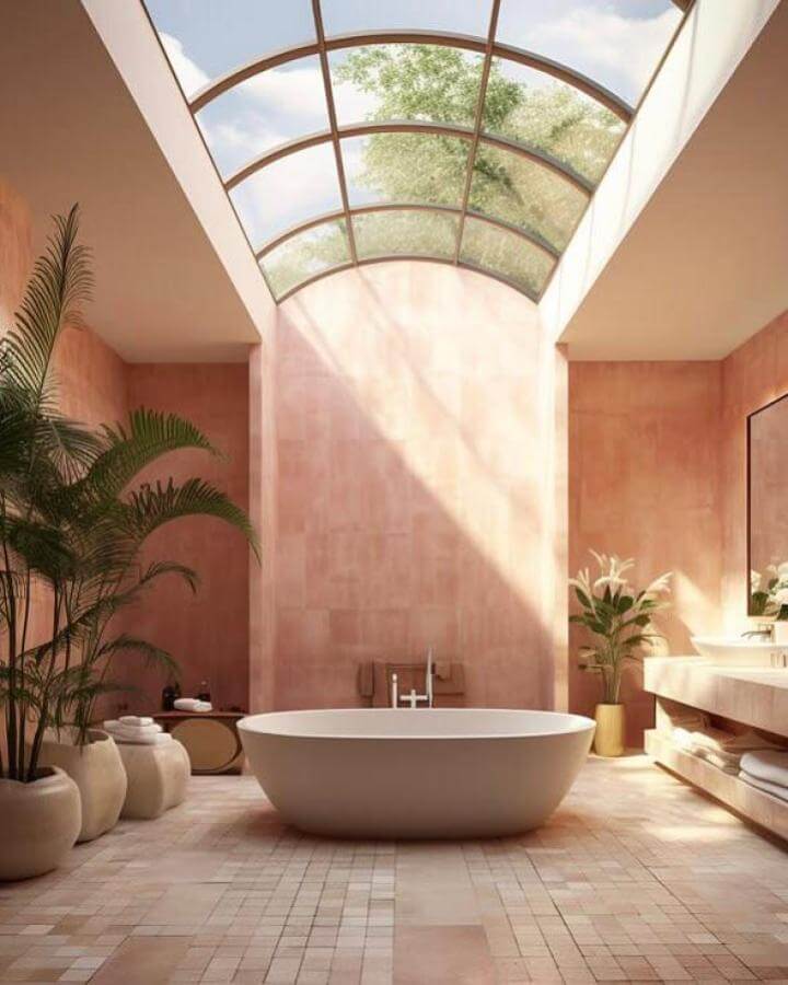 Terracotta bathroom ideas with soft terracotta walls, natural light from a skylight ceiling, white tub, and green plants by @design_hunger creating earthy warmth and calm.
